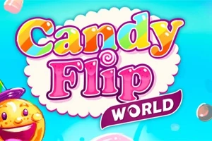 Színes Candy Flip World felirat kék háttérrel, díszes betűtípussal és cukorka grafikával