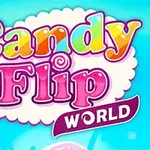 Színes Candy Flip World felirat kék háttérrel, díszes betűtípussal és cukorka grafikával