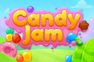 Színes, rajzolt háttér cukorkákkal és a Candy Jam felirattal rózsaszín háttéren