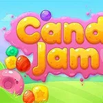 Színes, rajzolt háttér cukorkákkal és a Candy Jam felirattal rózsaszín háttéren