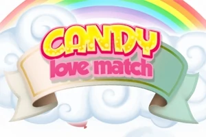 Szivárvány és felhők háttér előtt látható egy Candy love match felirat színes, díszes szalaggal