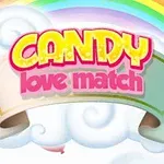 Szivárvány és felhők háttér előtt látható egy Candy love match felirat színes, díszes szalaggal