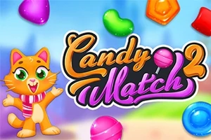 Rajzfilmszerű macska színes édességek és a Candy Match 2 felirat mellett