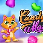 Rajzfilmszerű macska színes édességek és a Candy Match 2 felirat mellett