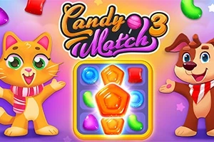 Egy aranyos, sálat viselő cica és kutya egy színes, cukorkákkal teli táblát vesznek körül, a középpontban pedig a Candy Match 3 felirat látható