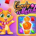 Egy aranyos, sálat viselő cica és kutya egy színes, cukorkákkal teli táblát vesznek körül, a középpontban pedig a Candy Match 3 felirat látható