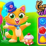 Egy narancssárga macska kék kalapban lufikkal egy zöld háttér előtt, egy süteménnyel és egy színes cukorkákból álló táblával