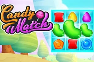 Színes cukorkákat ábrázoló négyzetek festői tájháttérrel és a Candy Match logóval
