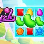 Színes cukorkákat ábrázoló négyzetek festői tájháttérrel és a Candy Match logóval