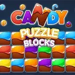 Színes, édességeket ábrázoló blokkos kirakójáték grafika, középen a CANDY PUZZLE BLOCKS felirattal