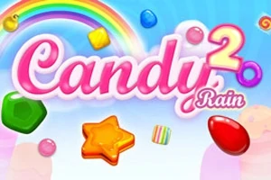 Színes cukorkák, szivárvány és „Candy Rain 2” felirat kék háttérrel