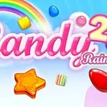 Színes cukorkák, szivárvány és „Candy Rain 2” felirat kék háttérrel
