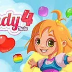 Rajzfilmes kislány cukorkák és felhők között, színes „Candy 4 Rain” felirat mellett