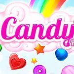 Cukorkák színes kavalkádja szivárványos háttérrel és egy rózsaszín felhőn a Candy Rain felirat