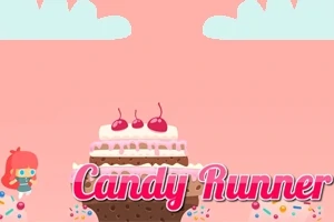 Egy rózsaszín hátterű képen egy óriási tortaszelet látható tejszínnel és cseresznyével, előtte egy rajzfilmszerű figurával és Candy Runner felirattal