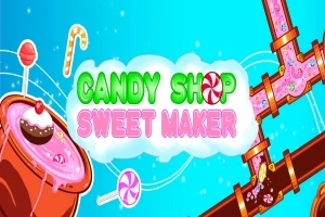 Élénk kék háttéren színes cukorkák és édességek, valamint csövek láthatók, középen Candy Shop Sweet Maker felirattal