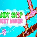 Élénk kék háttéren színes cukorkák és édességek, valamint csövek láthatók, középen Candy Shop Sweet Maker felirattal