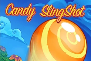 Nagy narancssárga cukor felhőkkel és színes virágokkal a háttérben, Candy SlingShot felirattal