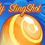 Nagy narancssárga cukor felhőkkel és színes virágokkal a háttérben, Candy SlingShot felirattal