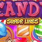 Színes cukorkák a CANDY SUPER LINES szöveggel élénk háttérrel