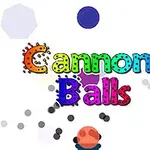 Színes Cannon Balls felirat egy fehér háttéren, körülötte különböző méretű és színű gömbök