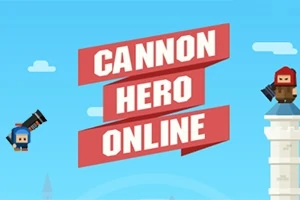Két rajzfilmfigura ágyúkkal, kék és piros öltözékben, kék ég háttér előtt, középen a Cannon Hero Online felirattal