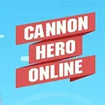 Két rajzfilmfigura ágyúkkal, kék és piros öltözékben, kék ég háttér előtt, középen a Cannon Hero Online felirattal
