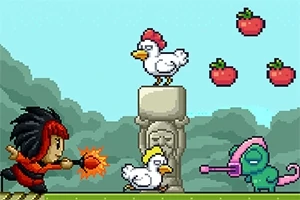 Egy pixeles képen egy vörös ruhás, tollas hajú figura tüzet dobál, csirkék állnak egy kőszobron és alatta, miközben egy zöld, sisakos lény békésen figyeli őket, körülöttük lebegő eperrel