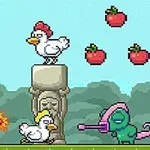 Egy pixeles képen egy vörös ruhás, tollas hajú figura tüzet dobál, csirkék állnak egy kőszobron és alatta, miközben egy zöld, sisakos lény békésen figyeli őket, körülöttük lebegő eperrel