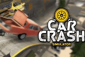 Autóbaleset-jelenet, ahol egy narancssárga autó ütközik, a háttérben egy sárga autóval, Car Crash Simulator felirat mellett
