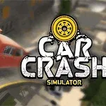 Autóbaleset-jelenet, ahol egy narancssárga autó ütközik, a háttérben egy sárga autóval, Car Crash Simulator felirat mellett