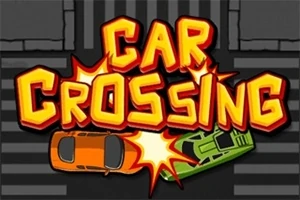 Narancssárga és zöld autó ütközik fekete-fehér csíkozású háttér előtt, felettük Car Crossing felirat látható