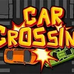 Narancssárga és zöld autó ütközik fekete-fehér csíkozású háttér előtt, felettük Car Crossing felirat látható