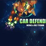 Űrhajóra emlékeztető járművek és egy lila autó lebegnek egy sötétkék háttér előtt, középen Car Defender felirattal
