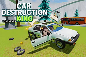 Fehér, összetört autó nyitott ajtóval egy füves területen, háttérben busz, fenyők és „Car Destruction King felirat