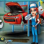 Autószerelő műhelyben szerelőruhás nő szerel egy piros autót, a háttérben a motorháztető felnyitva áll