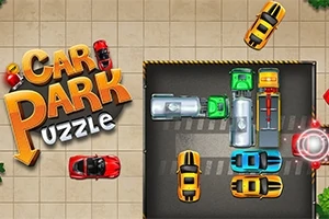 Színes autók találhatók egy parkolóban mozaikszerű elrendezésben, Car Park Puzzle felirattal a bal felső sarokban