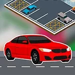 Egy piros autó parkoló táblával és több parkoló autó egy színes, stilizált környezetben