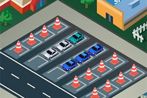 Egy felülnézeti kép egy parkolóról, ahol három sorban autók és útakadályok találhatók