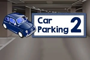 Kék kisautó és „Car Parking 2” felirat egy parkolót ábrázoló háttér előtt