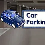 Kék kisautó és „Car Parking 2” felirat egy parkolót ábrázoló háttér előtt
