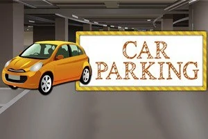 Sárga autó látható egy parkolóban, mellette Car Parking feliratú tábla