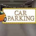Sárga autó látható egy parkolóban, mellette Car Parking feliratú tábla