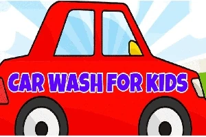 Piros rajzolt autó, rajta CAR WASH FOR KIDS felirat, kék háttérrel