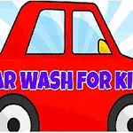 Piros rajzolt autó, rajta CAR WASH FOR KIDS felirat, kék háttérrel