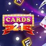 Színes grafika világító CARDS 21 felirattal és szétszórt játékkártyákkal sötét háttér előtt