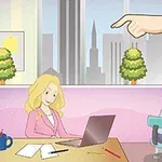 Két nő dolgozik egy irodában, az egyikük laptopon gépel, a másik számítógép előtt ül, miközben egy hatalmas, mutató kéz látható a háttérben