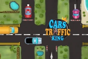 Úttesteken haladó színes autók madártávlatból, középen a CARS TRAFFIC KING felirattal