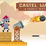 Két pixeles figura középkori páncélban egymással szemben áll, egyikük kardot, a másik íjat tart, miközben egy ágyúgolyó repül közöttük