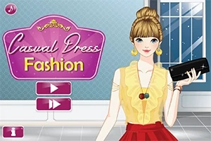 Egy szőke, kontyos nő sárga blúzban és piros szoknyában áll egy szobában, kezében fekete táskát tartva, mellette pedig rózsaszín táblán olvasható a Casual Dress Fashion felirat